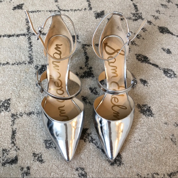 Sam Edelman Shoes - Sam Edelman Metallic Silver Ankle Strap Pumps